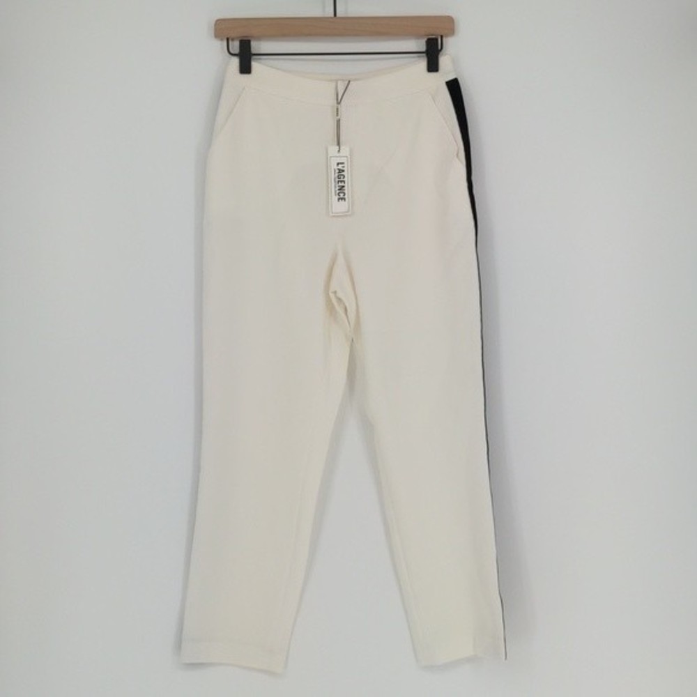 L'AGENCE Livvy Tux Trouser Size 2 Ivory White Black Satin Stripe Straight Leg